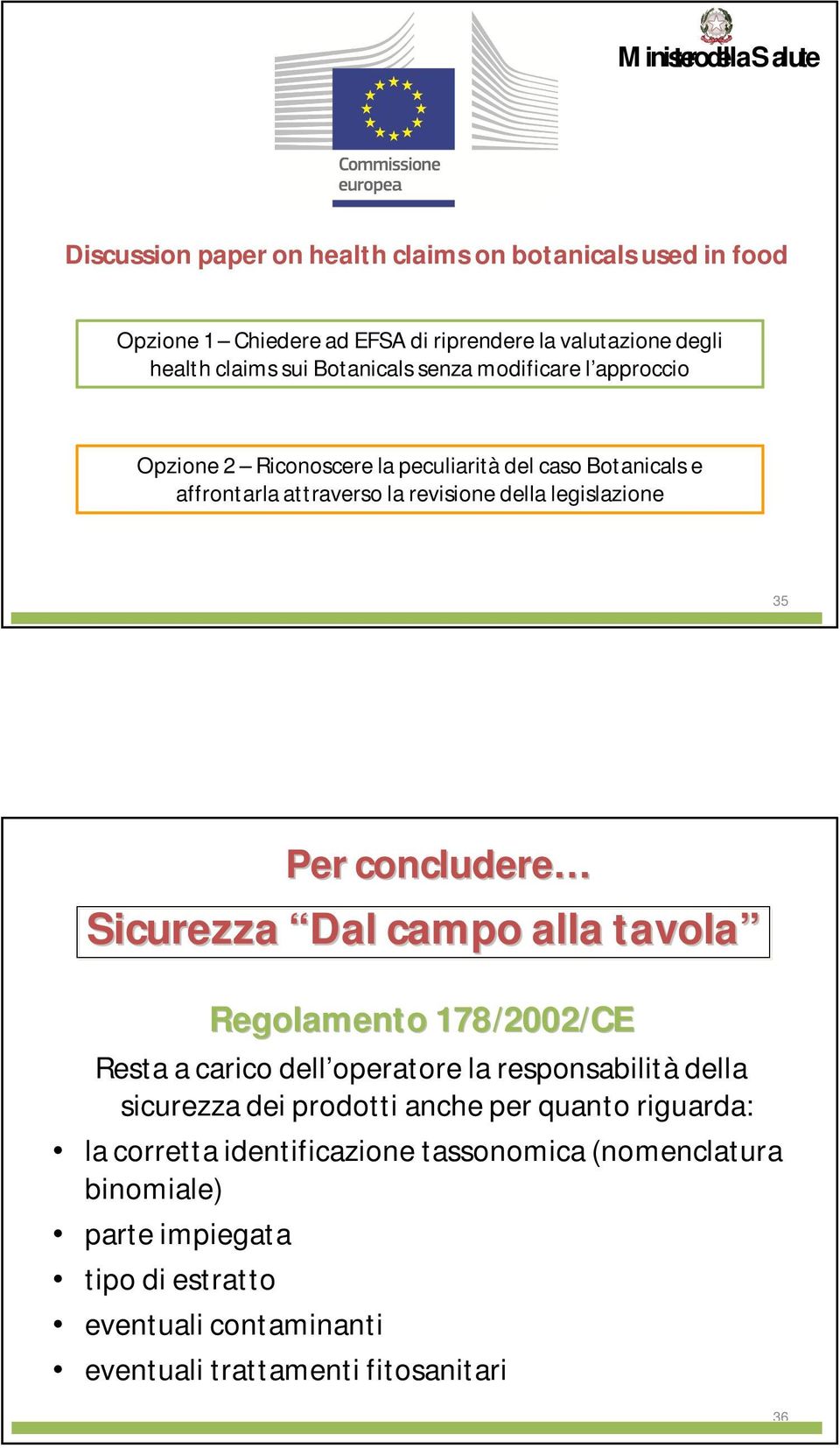 Sicurezza Dal campo alla tavola Regolamento 178/2002/CE Resta a carico dell operatore la responsabilità della sicurezza dei prodotti anche per quanto