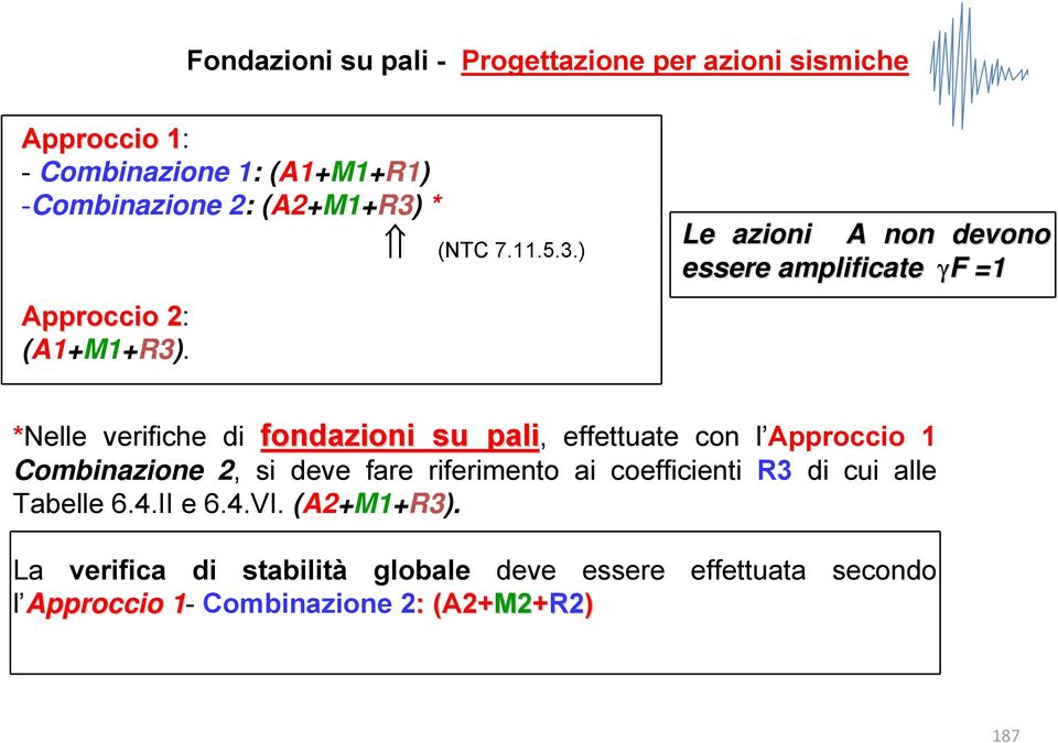 Le azioni A non devono essere amplificate γf F =1 *Nelle verifiche di fondazioni su pali, effettuate con l Approccio 1