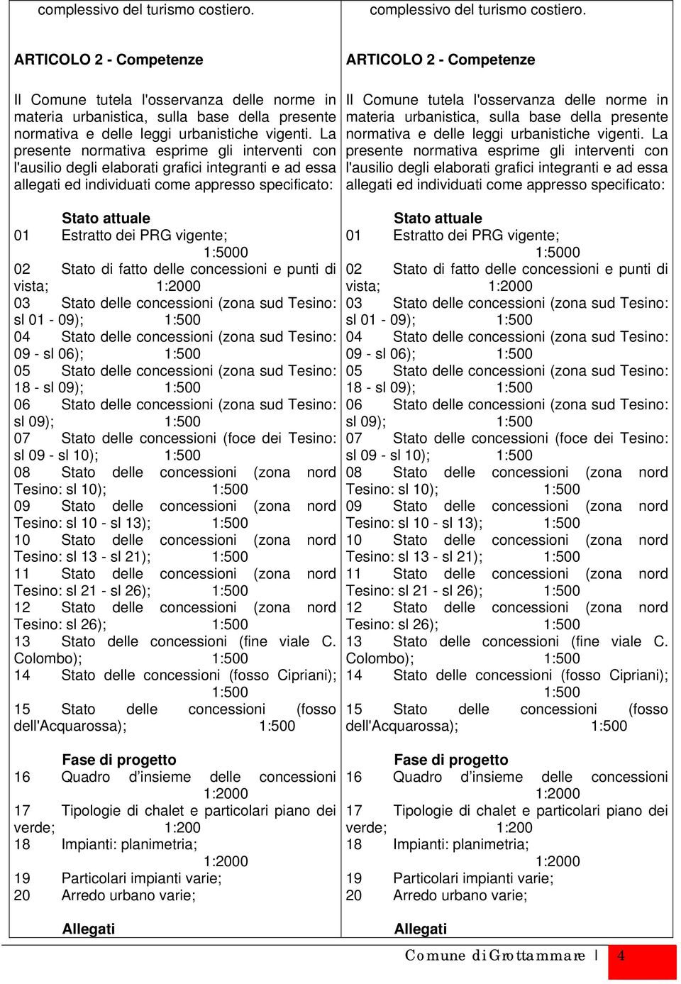 La presente normativa esprime gli interventi con l'ausilio degli elaborati grafici integranti e ad essa allegati ed individuati come appresso specificato: Stato attuale 01 Estratto dei PRG vigente;