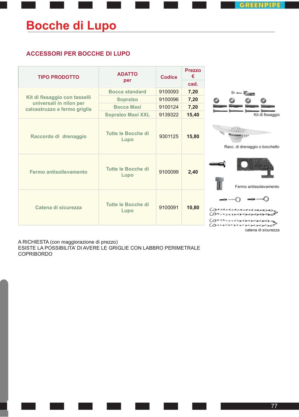 di drenaggio o bocchello Lupo 9100099 2,40 Fermo antissolevamento Lupo 9100091 10,80 catena di