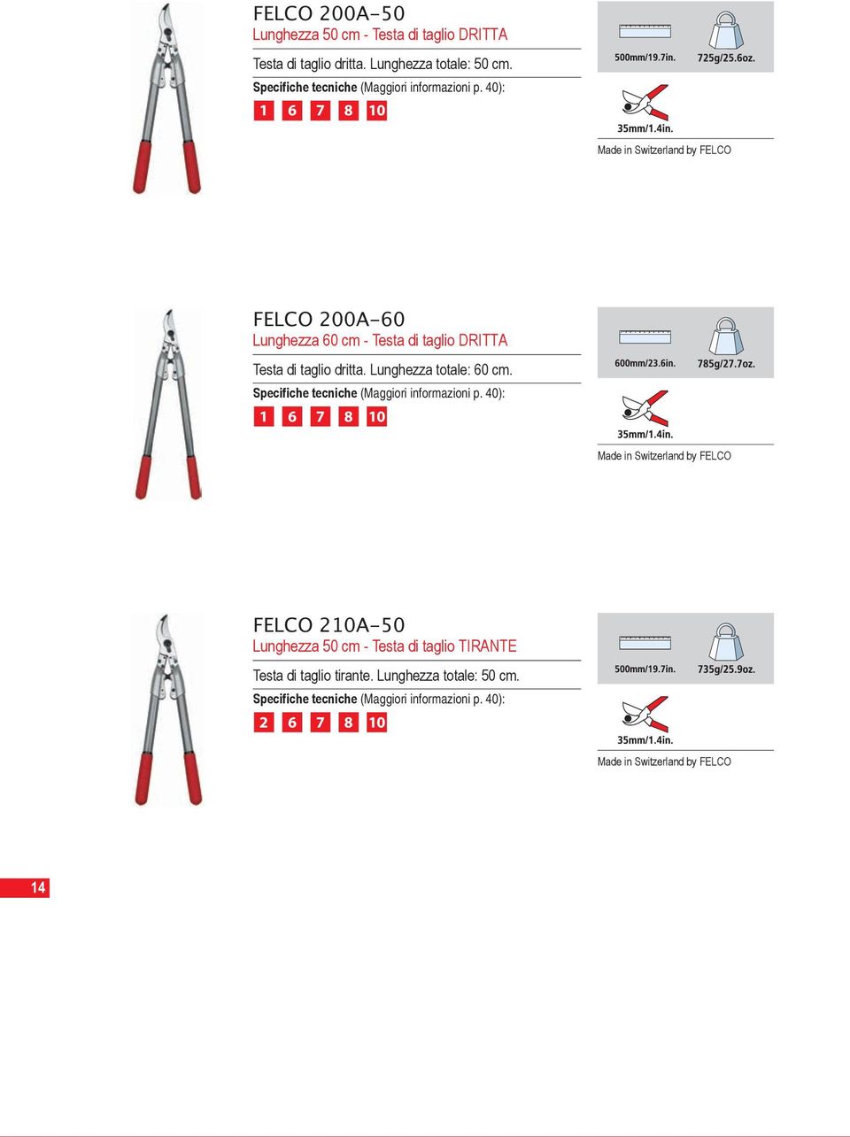 40): 1 6 7 8 10 FELCO 200A-60 Lunghezza 60 cm - Testa di taglio DRITTA Testa di taglio dritta. Lunghezza totale: 60 cm.