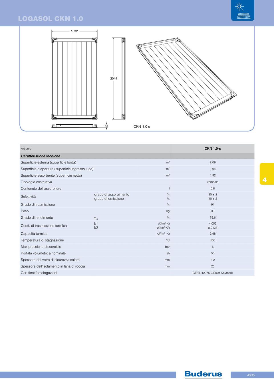 costruttiva verticale Contenuto dell assorbitore l 0,8 Selettività grado di assorbimento grado di emissione Grado di trasmissione % 9 % % 95 ± 2 0 ± 2 Peso kg 30 Grado di rendimento h 0 %