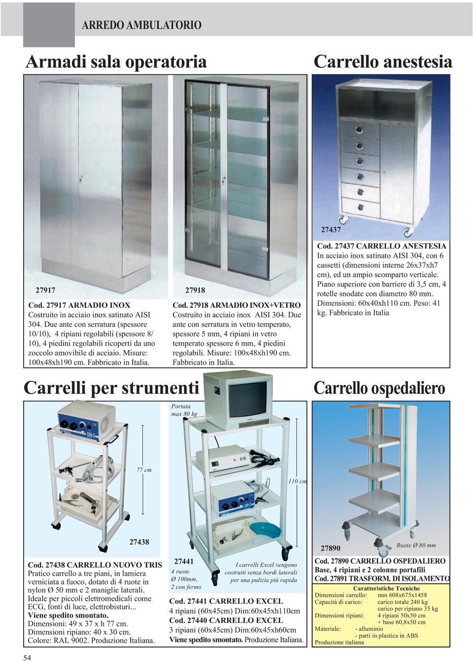 Carrelli per strumenti Cod. 7918 ARMADIO INOX+VETRO Costruito in acciaio inox AISI 0.