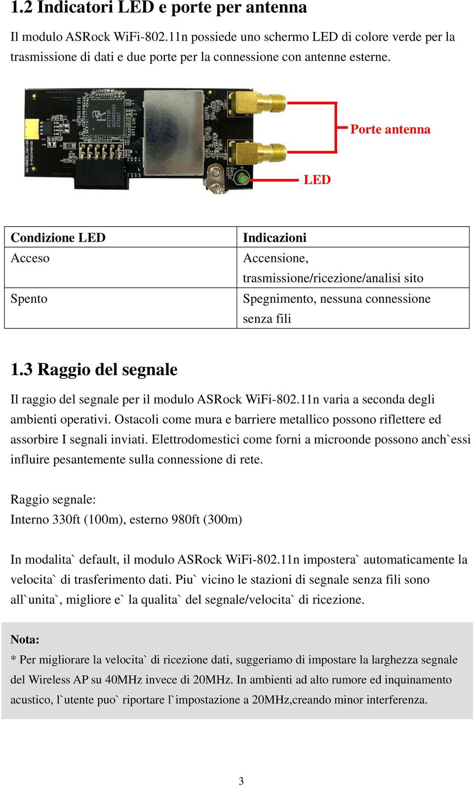 3 Raggio del segnale Il raggio del segnale per il modulo ASRock WiFi-802.11n varia a seconda degli ambienti operativi.