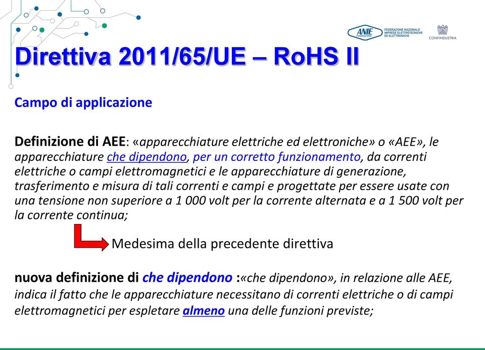 superiore a 1 000 volt per la corrente alternata e a 1 500 volt per la corrente continua; Medesima della precedente direttiva nuova definizione di che dipendono :«che