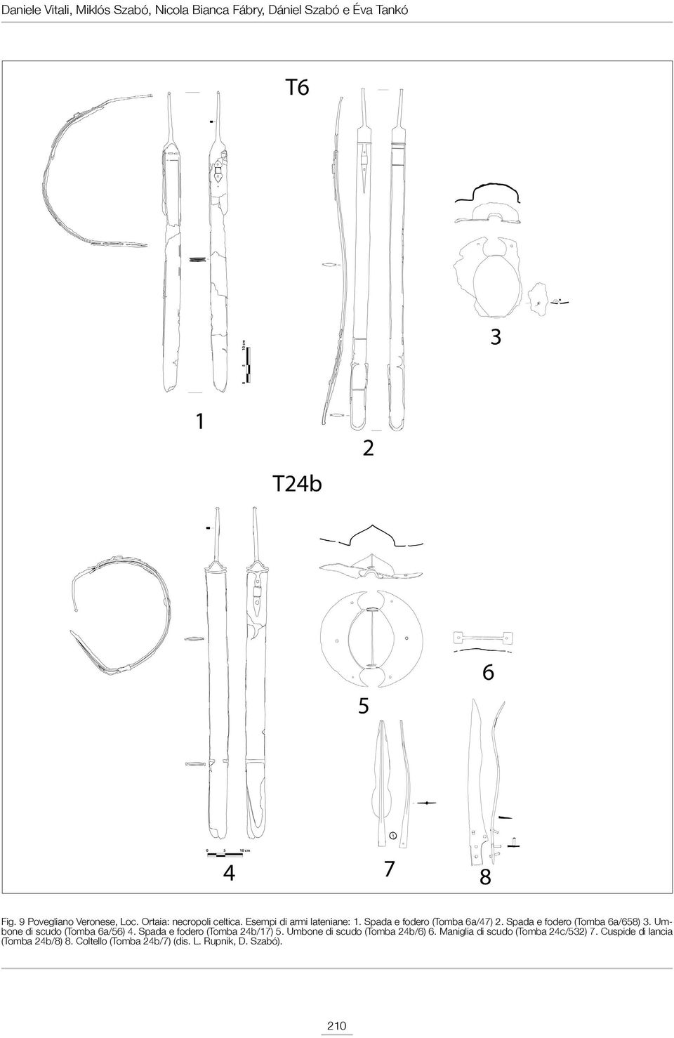 Spada e fodero (Tomba 6a/658) 3. Umbone di scudo (Tomba 6a/56) 4. Spada e fodero (Tomba 24b/17) 5.