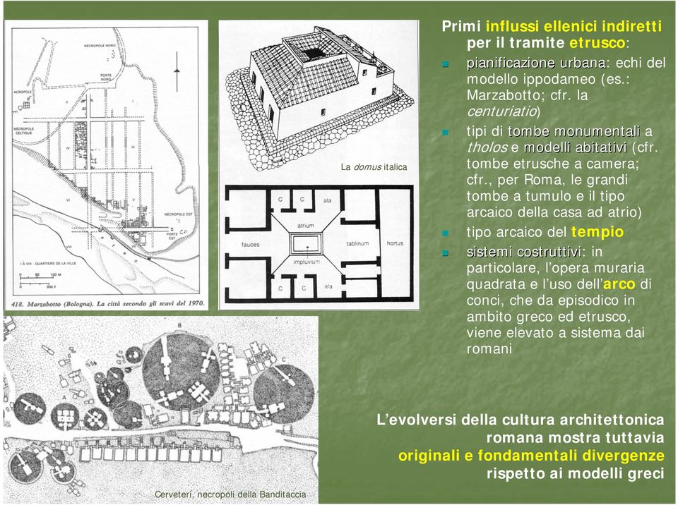 , per Roma, le grandi tombe a tumulo e il tipo arcaico della casa ad atrio) tipo arcaico del tempio sistemi costruttivi: in particolare, l opera muraria quadrata e l uso