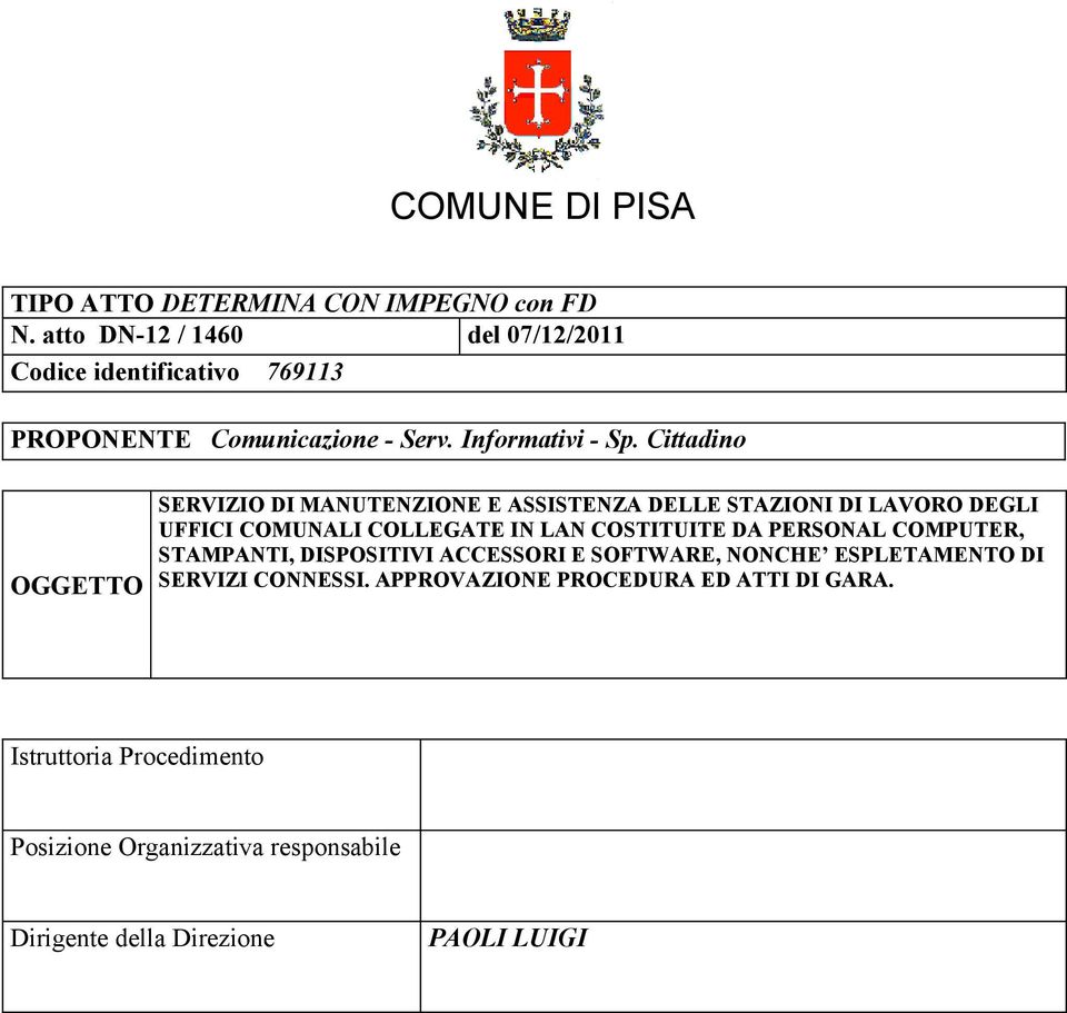 Cittadino OGGETTO SERVIZIO DI MANUTENZIONE E ASSISTENZA DELLE STAZIONI DI LAVORO DEGLI UFFICI COMUNALI COLLEGATE IN LAN COSTITUITE DA