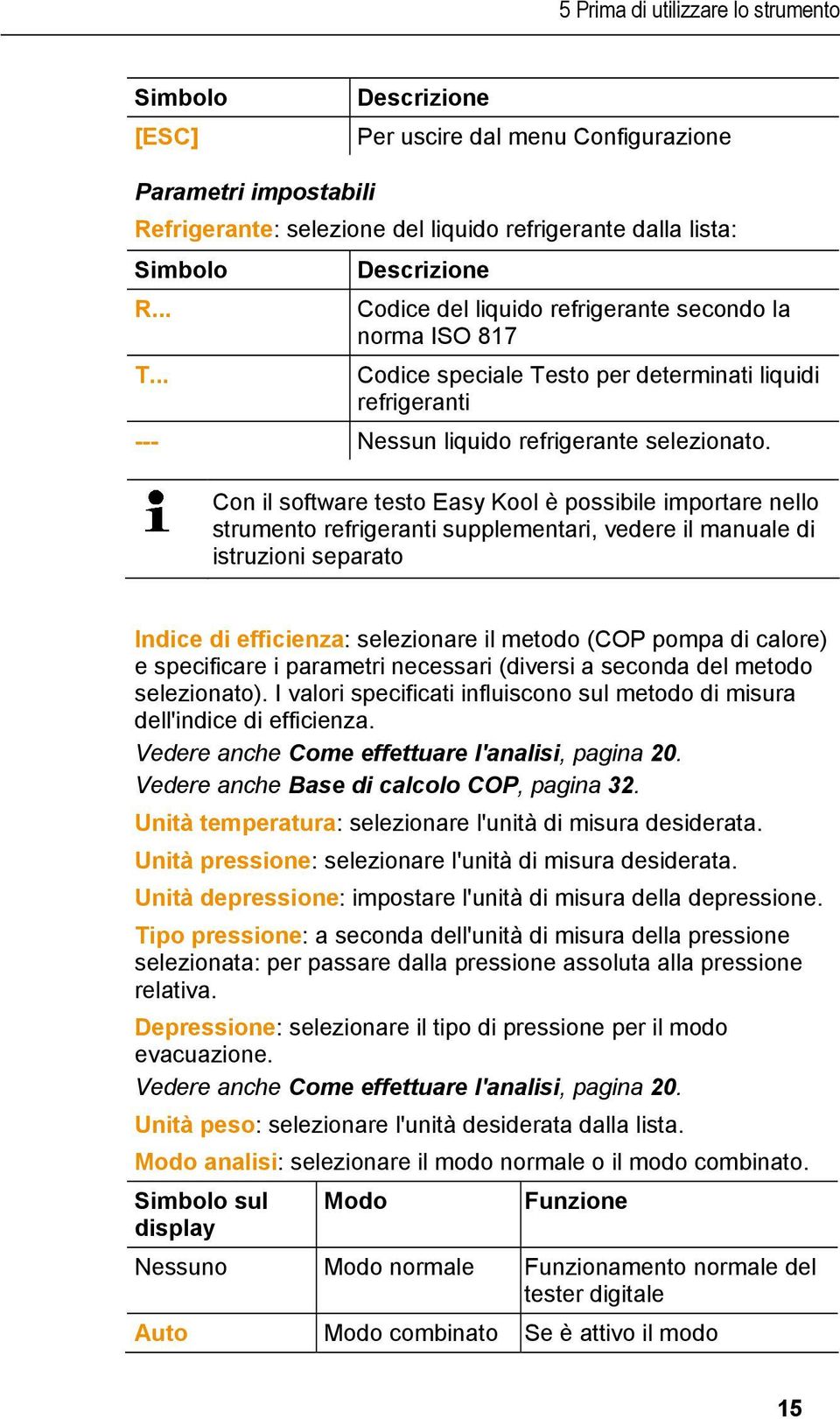 Con il software testo Easy Kool è possibile importare nello strumento refrigeranti supplementari, vedere il manuale di istruzioni separato Indice di efficienza: selezionare il metodo (COP pompa di