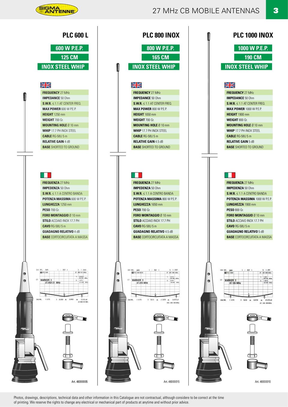 5 db BASE SHORTED TO GROUND MAX POWER 1000 W P.E.P. HEIGHT 1900 mm WEIGHT 800 Gr. MOUNTING HOLE Ø 10 mm CABLE RG-58U 5 m RELATIVE GAIN 5 db BASE SHORTED TO GROUND POTENZA MASSIMA 600 W P.E.P. LUNGHEZZA 1250 mm PESO 700 Gr.