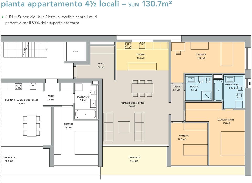 terrazza. LIFT CUCINA 10.5 m2 CAMERA 17.2 m2 ATRIO 7.1 m2 DISIMP. 3.6 m2 DOCCIA 5.1 m2 BAGNO-LAV. 6.