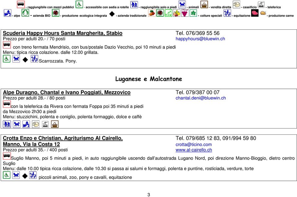 Luganese e Malcantone Alpe Duragno, Chantal e Ivano Poggiati, Mezzovico Tel. 079/387 00 07 Prezzo per adulti 28.- / 80 posti chantal.deni@bluewin.