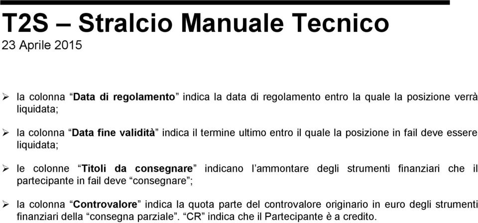 indicano l ammontare degli strumenti finanziari che il partecipante in fail deve consegnare ; la colonna Controvalore indica la