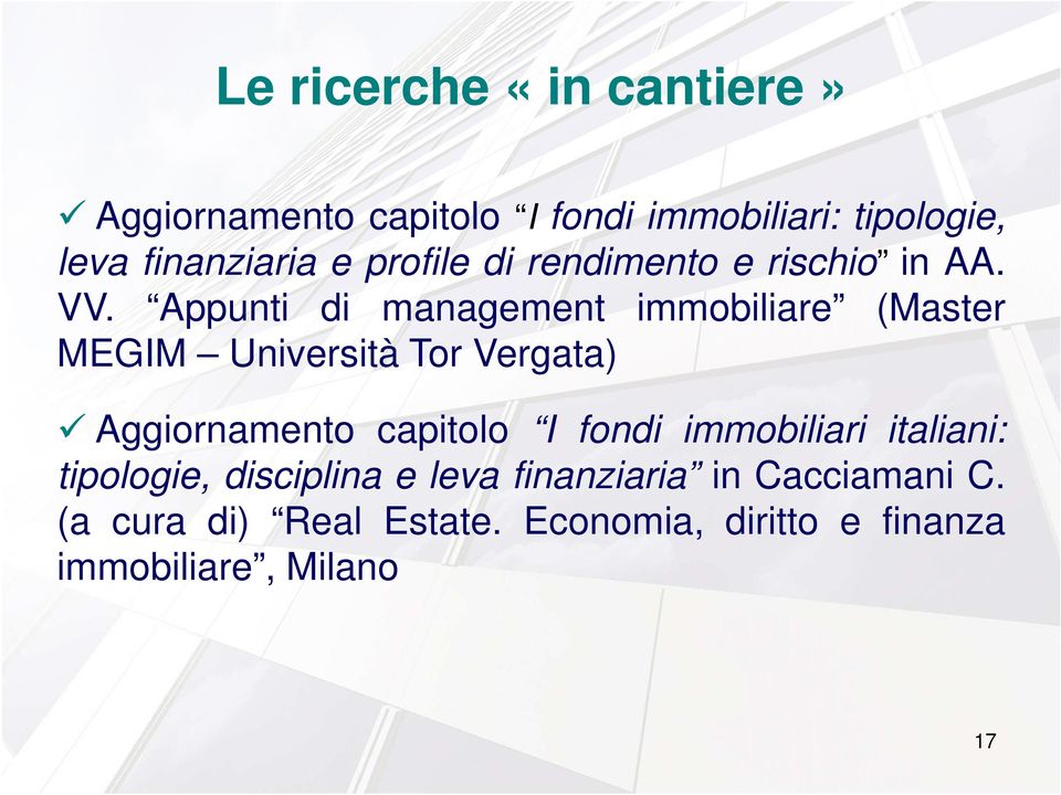 Appunti di management immobiliare (Master MEGIM Università Tor Vergata) Aggiornamento capitolo I