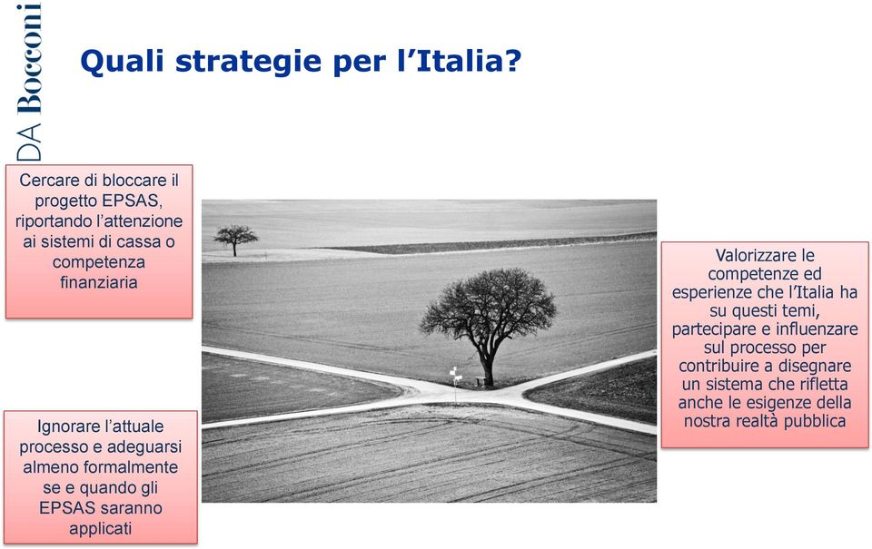 Ignorare l attuale processo e adeguarsi almeno formalmente se e quando gli EPSAS saranno applicati Valorizzare