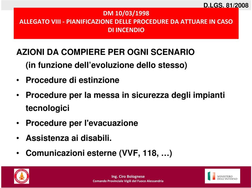 stesso) Procedure di estinzione Procedure per la messa in sicurezza degli impianti