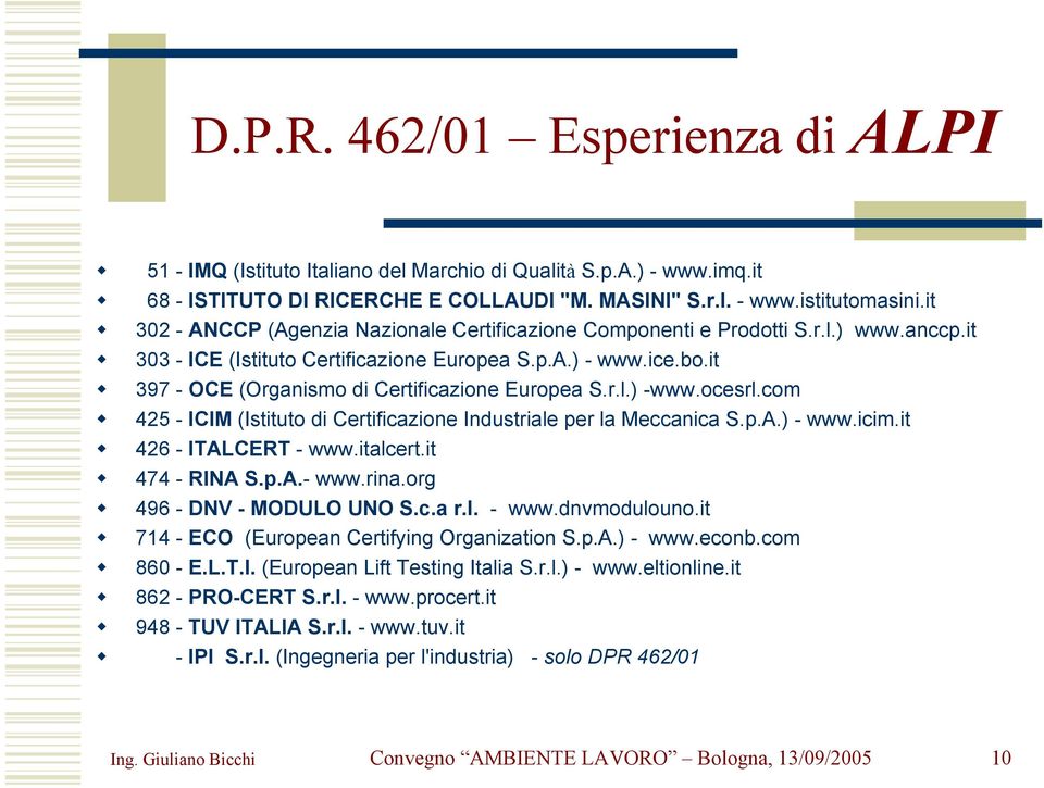 it 397 - OCE (Organismo di Certificazione Europea S.r.l.) -www.ocesrl.com 425 - ICIM (Istituto di Certificazione Industriale per la Meccanica S.p.A.) - www.icim.it 426 - ITALCERT - www.italcert.