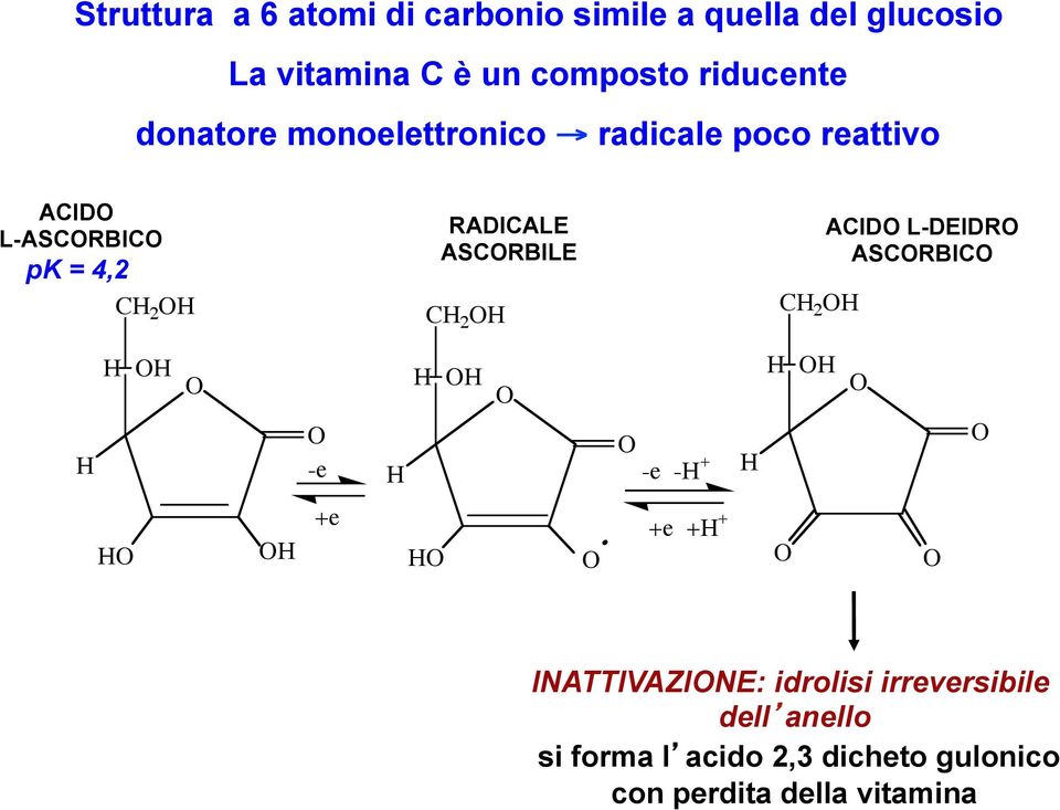 OH CH 2 OH ACIDO L-DEIDRO ASCORBICO H H OH O O -e H H OH O O -e -H + H H OH O O HO OH +e HO O.