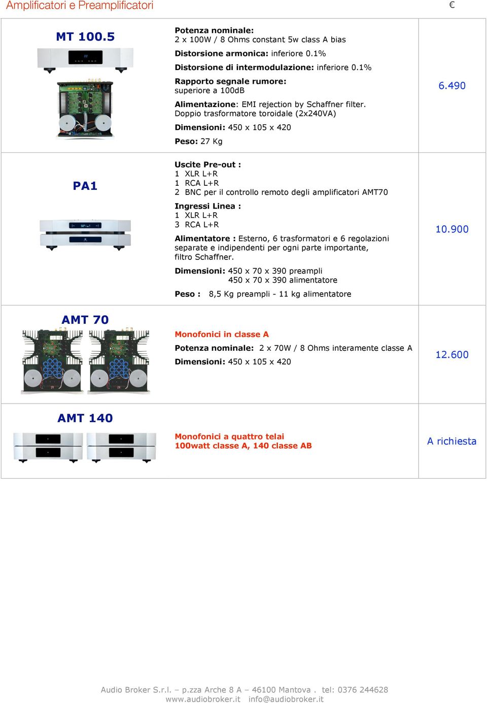 Doppio trasformatore toroidale (2x240VA) Dimensioni: 450 x 105 x 420 Peso: 27 Kg Uscite Pre-out : 1 XLR L+R 1 RCA L+R 2 BNC per il controllo remoto degli amplificatori AMT70 Ingressi Linea : 1 XLR