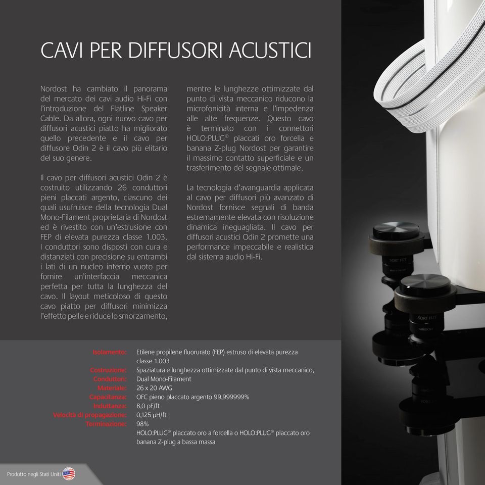 Il cavo per diffusori acustici Odin 2 è costruito utilizzando 26 conduttori pieni placcati argento, ciascuno dei quali usufruisce della tecnologia Dual Mono-Filament proprietaria di Nordost ed è