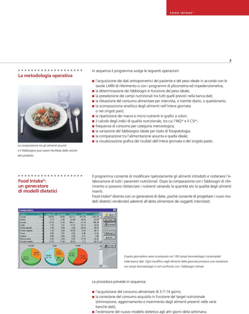 in funzione del peso ideale; la preselezione dei campi nutrizionali tra tutti quelli previsti nella banca dati; la rilevazione del consumo alimentare per intervista, o tramite diario, o questionario;