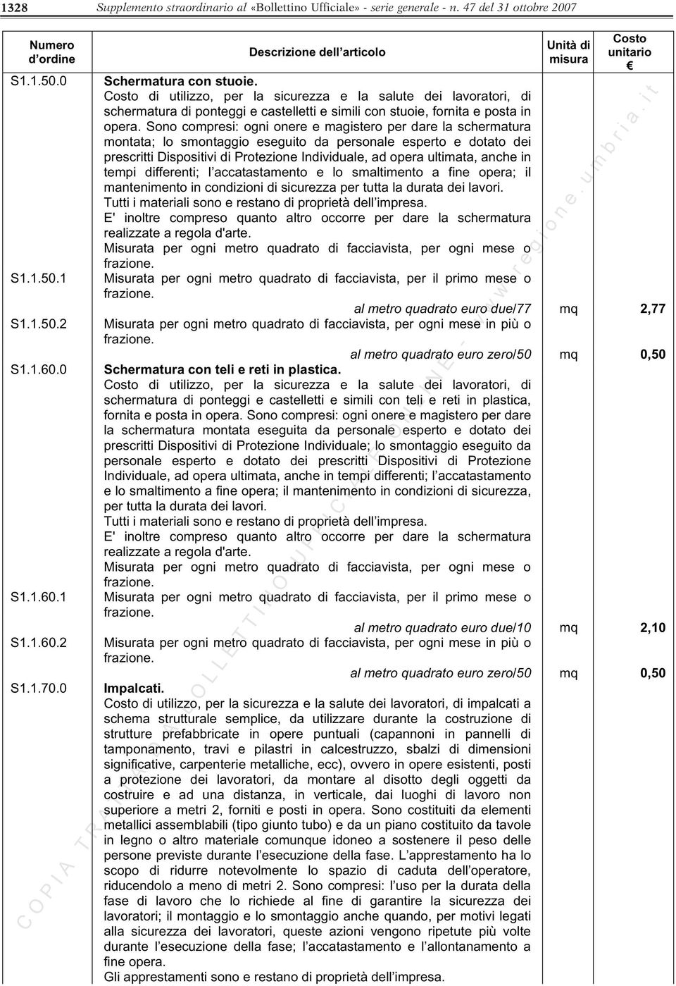 Costo di utilizzo, per la sicurezza e la salute dei lavoratori, di schermatura di ponteggi e castelletti e simili con stuoie, fornita e posta in opera.