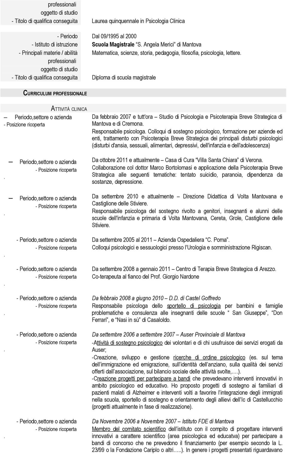 o azienda Da febbraio 2007 e tutt'ora Studio di Psicologia e Psicoterapia Breve Strategica di Mantova e di Cremona Responsabile psicologa Colloqui di sostegno psicologico, formazione per aziende ed