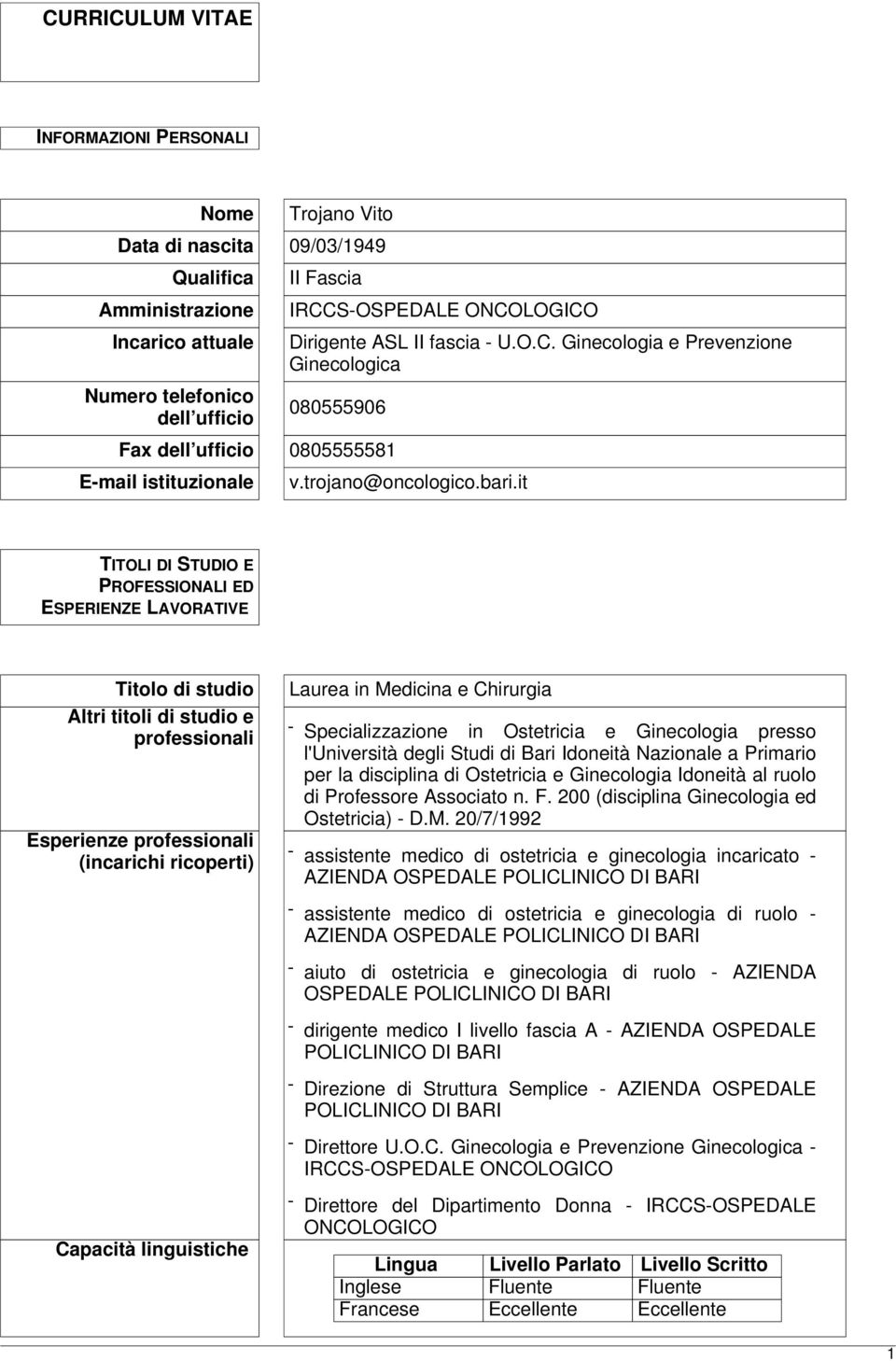 it TITOLI DI STUDIO E PROFESSIONALI ED ESPERIENZE LAVORATIVE Titolo di studio Altri titoli di studio e professionali Esperienze professionali (incarichi ricoperti) Laurea in Medicina e Chirurgia -