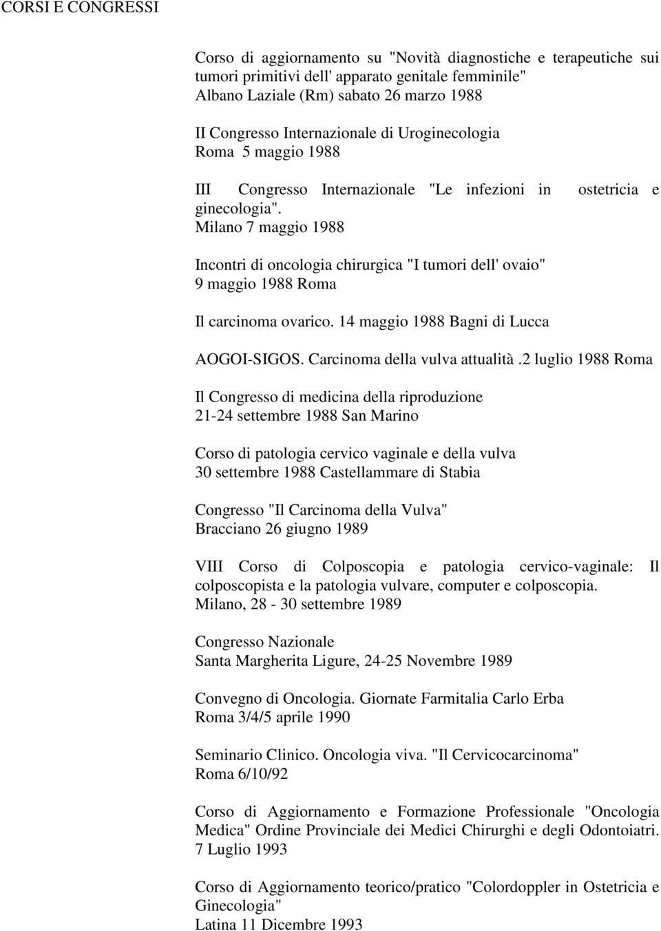 Milano 7 maggio 1988 Incontri di oncologia chirurgica "I tumori dell' ovaio" 9 maggio 1988 Roma Il carcinoma ovarico. 14 maggio 1988 Bagni di Lucca AOGOI-SIGOS. Carcinoma della vulva attualità.