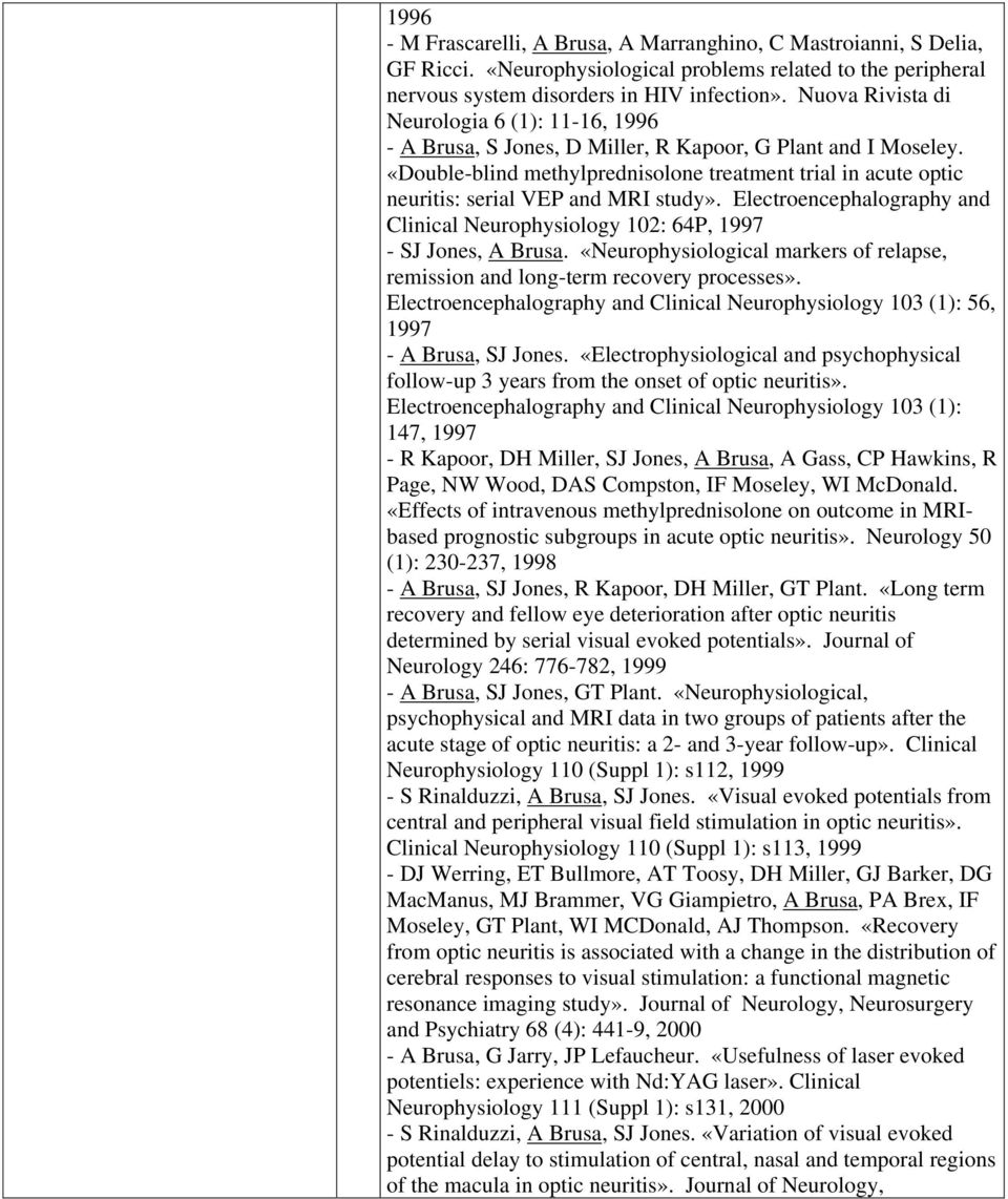 «Double-blind methylprednisolone treatment trial in acute optic neuritis: serial VEP and MRI study». Electroencephalography and Clinical Neurophysiology 102: 64P, 1997 - SJ Jones, A Brusa.