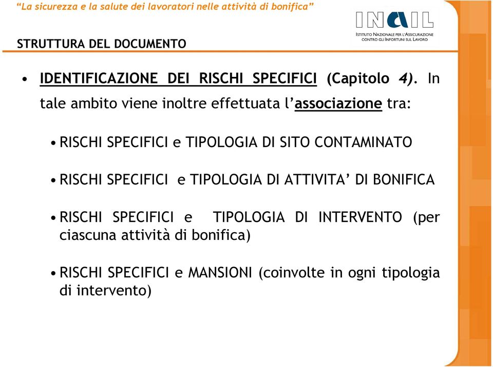 CONTAMINATO RISCHI SPECIFICI e TIPOLOGIA DI ATTIVITA DI BONIFICA RISCHI SPECIFICI e TIPOLOGIA DI