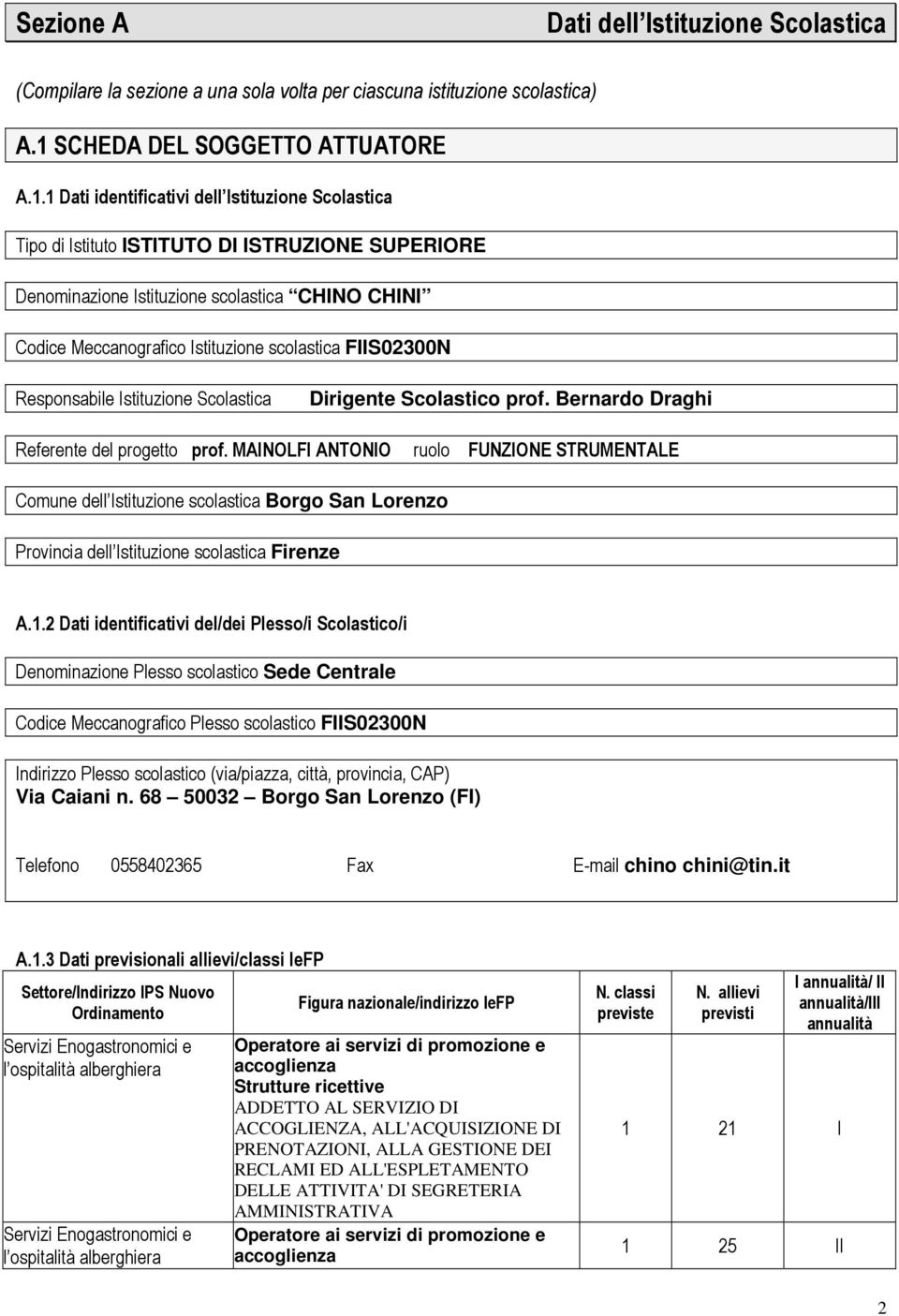 1 Dati identificativi dell Istituzione Scolastica Tipo di Istituto ISTITUTO DI ISTRUZIONE SUPERIORE Denominazione Istituzione scolastica CHINO CHINI Codice Meccanografico Istituzione scolastica