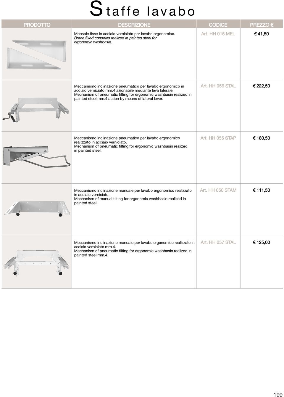 Mechanism of pneumatic tilting for ergonomic washbasin realized in painted steel mm.4 action by means of lateral lever. Art.