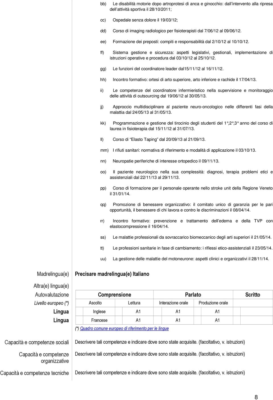 ff) Sistema gestione e sicurezza: aspetti legislativi, gestionali, implementazione di istruzioni operative e procedura dal 03/10/12 al 25/10/12.