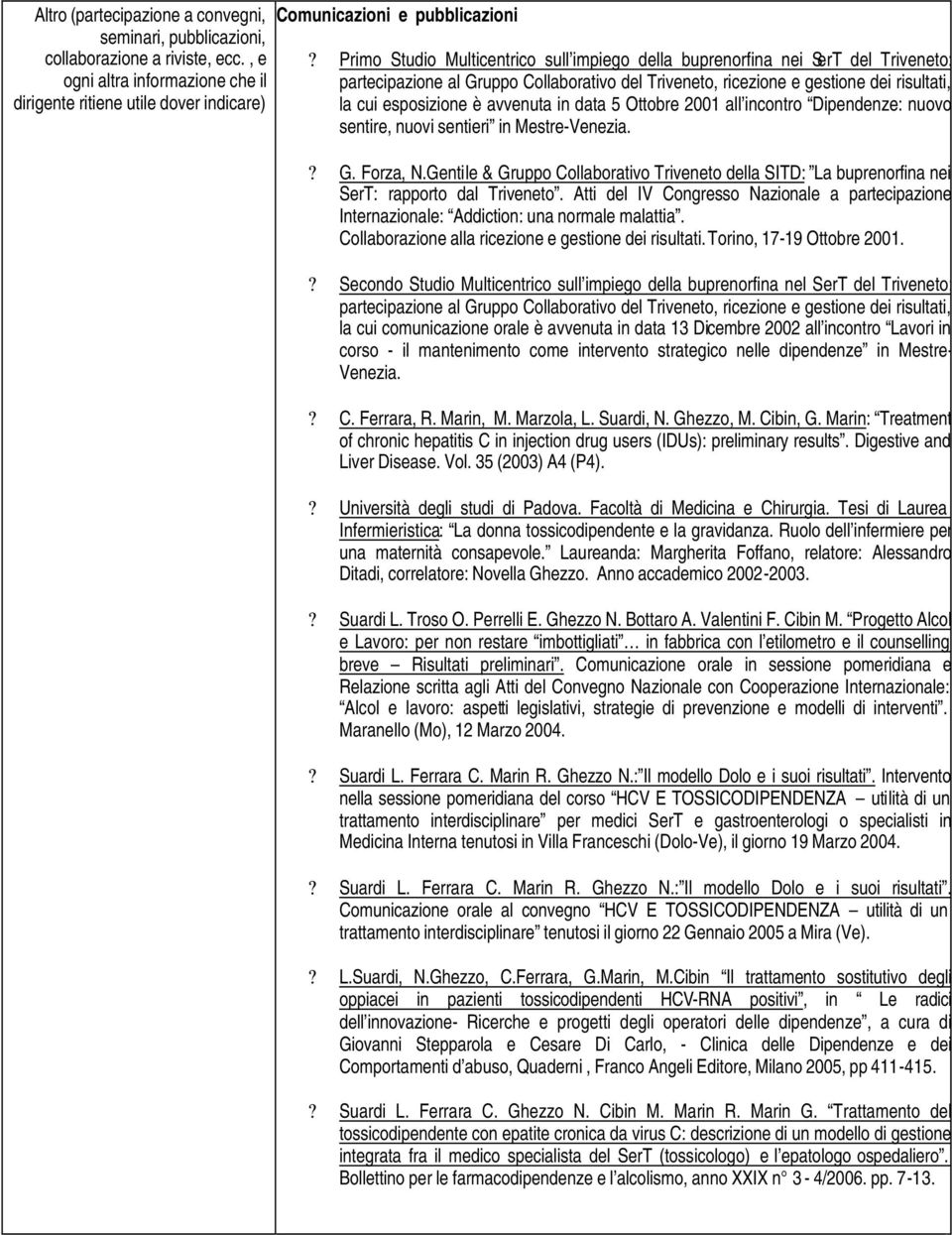 avvenuta in data 5 Ottobre 2001 all incontro Dipendenze: nuovo sentire, nuovi sentieri in Mestre-Venezia.? G. Forza, N.