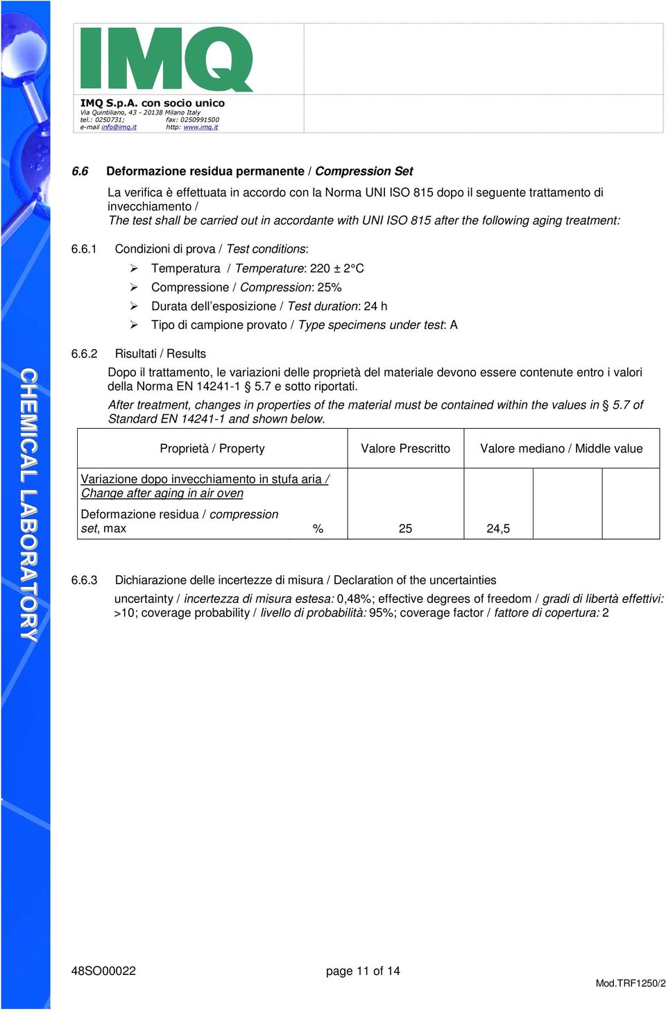 6.1 Condizioni di prova / Test conditions: Temperatura / Temperature: 220 ± 2 C Compressione / Compression: 25% Durata dell esposizione / Test duration: 24 h Tipo di campione provato / Type specimens