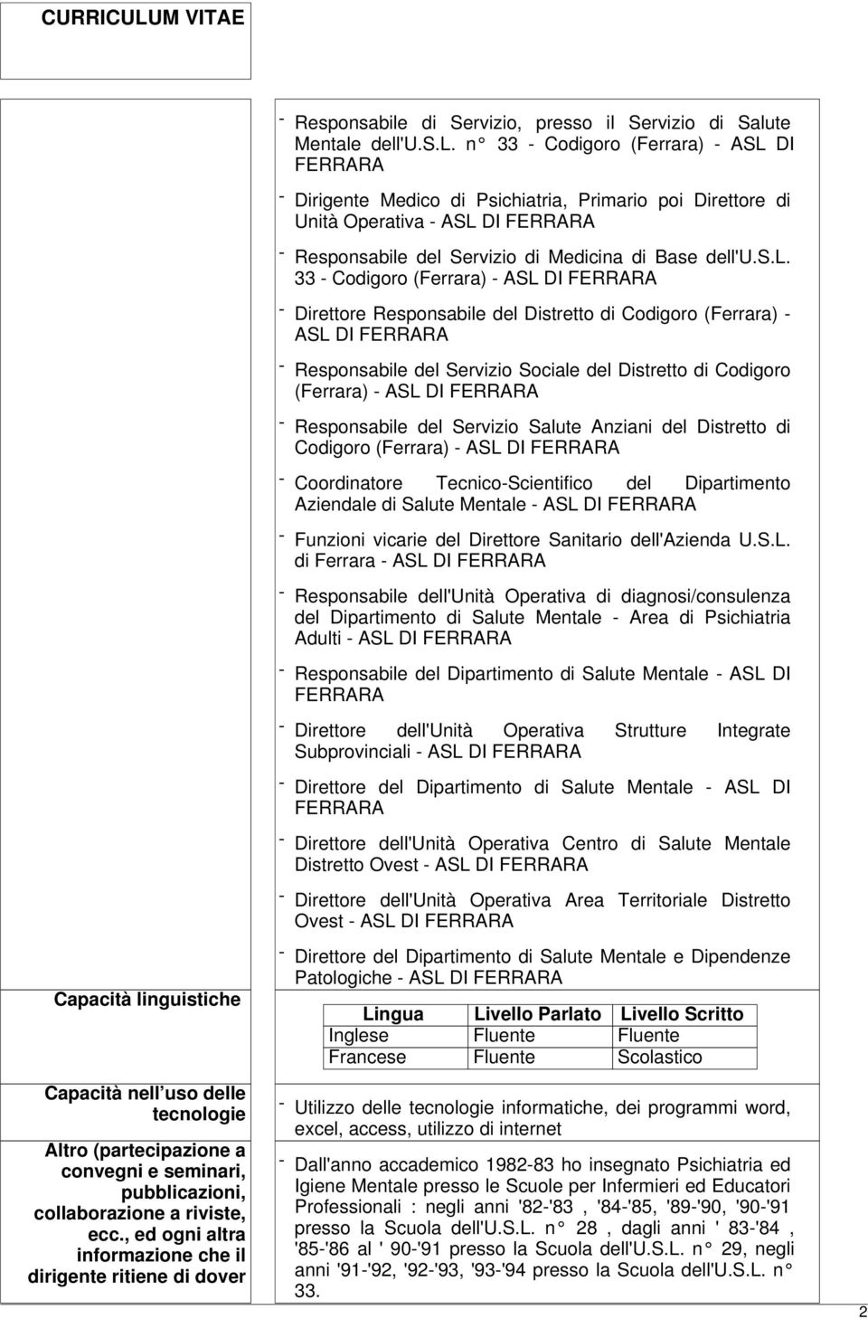 Responsabile del Servizio Salute Anziani del Distretto di Codigoro (Ferrara) - ASL DI - Coordinatore Tecnico-Scientifico del Dipartimento Aziendale di Salute Mentale - ASL DI - Funzioni vicarie del