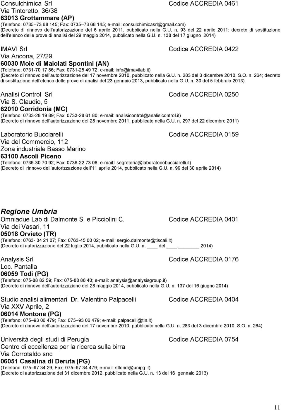 U. n. 138 del 17 giugno 2014) IMAVI Srl Codice ACCREDIA 0422 Via Ancona, 27/29 60030 Moie di Maiolati Spontini (AN) (Telefono: 0731-70 17 86; Fax: 0731-25 49 72; e-mail: info@imavilab.