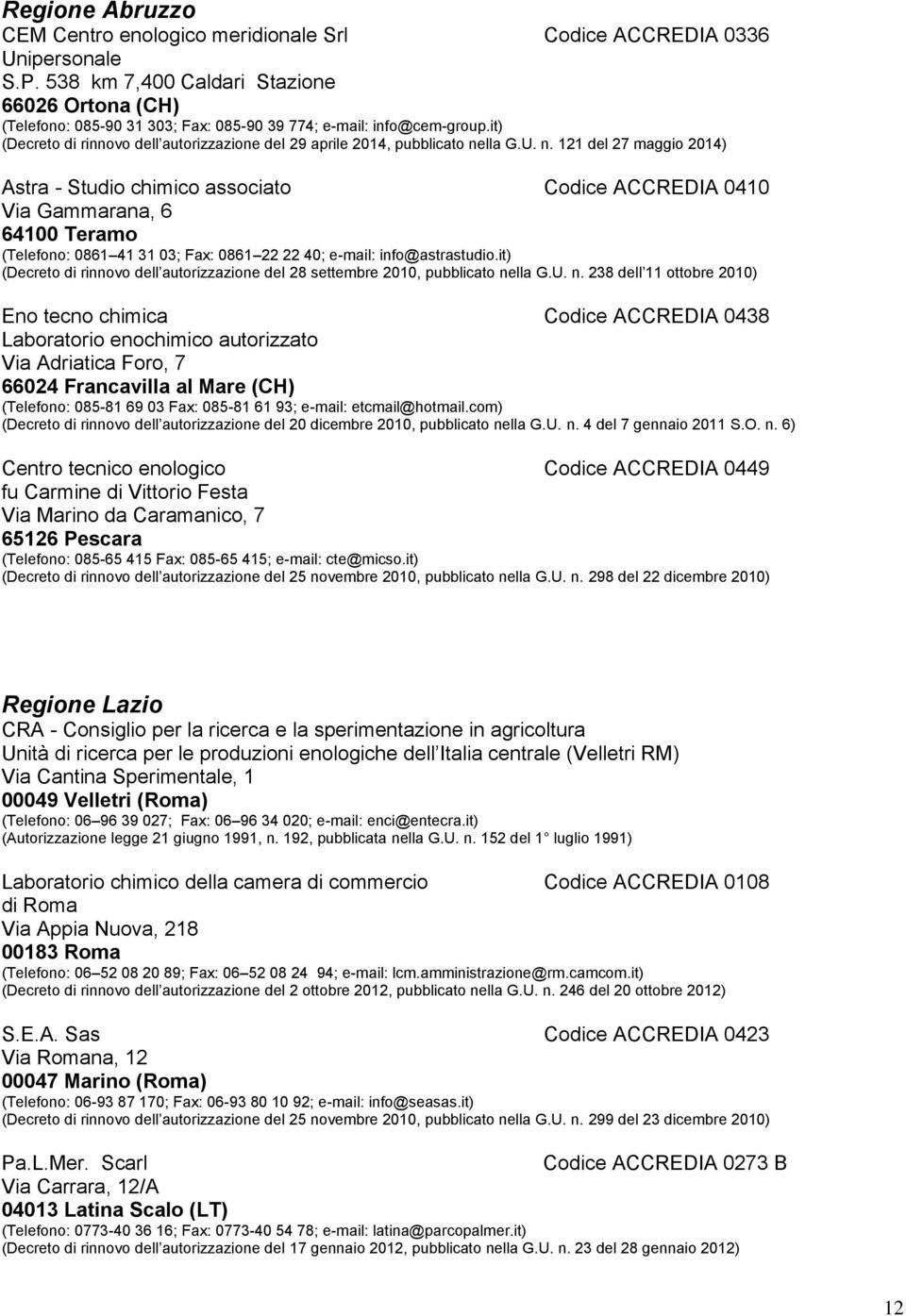 U. n. 121 del 27 maggio 2014) Astra - Studio chimico associato Codice ACCREDIA 0410 Via Gammarana, 6 64100 Teramo (Telefono: 0861 41 31 03; Fax: 0861 22 22 40; e-mail: info@astrastudio.