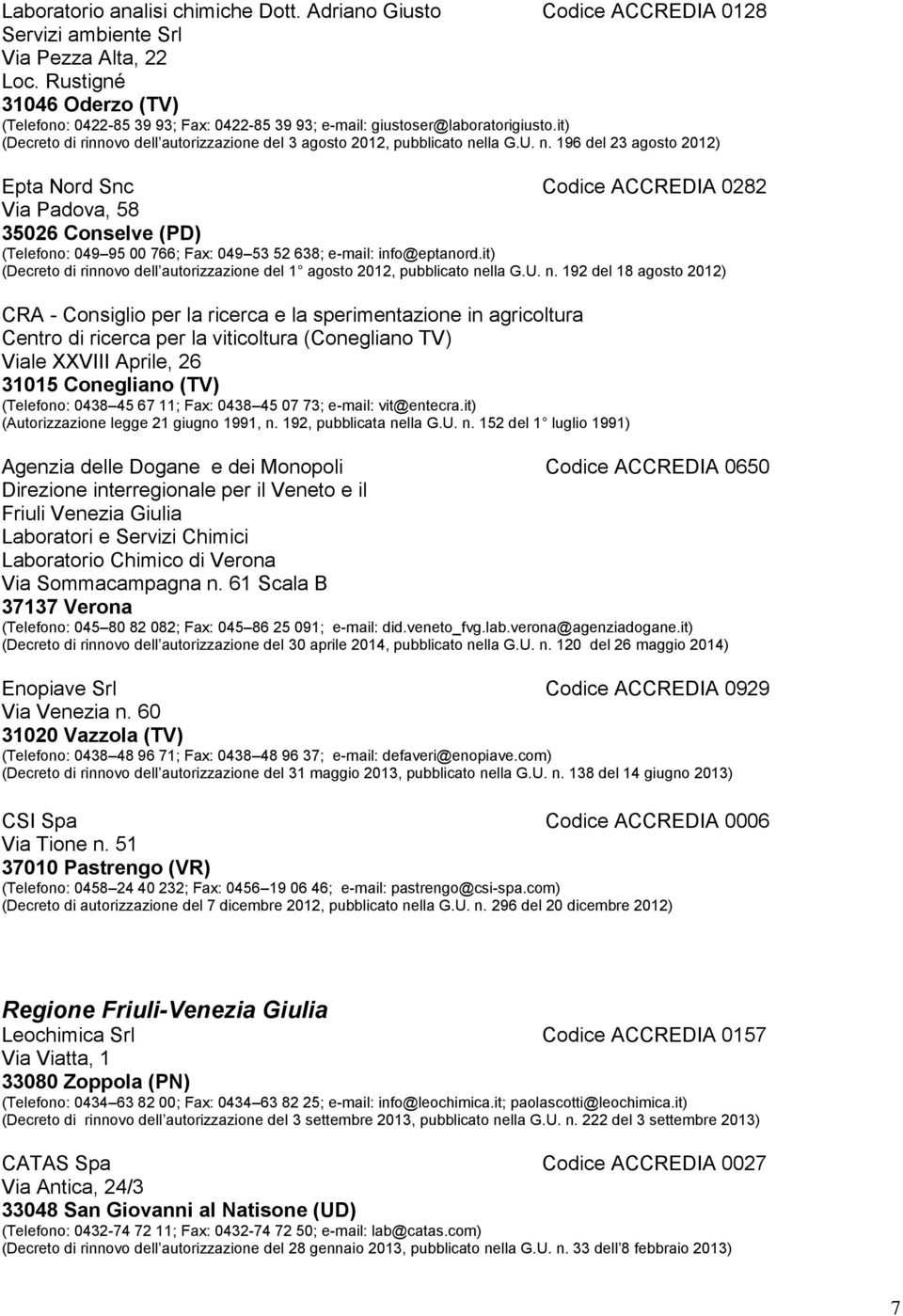 lla G.U. n. 196 del 23 agosto 2012) Epta Nord Snc Codice ACCREDIA 0282 Via Padova, 58 35026 Conselve (PD) (Telefono: 049 95 00 766; Fax: 049 53 52 638; e-mail: info@eptanord.