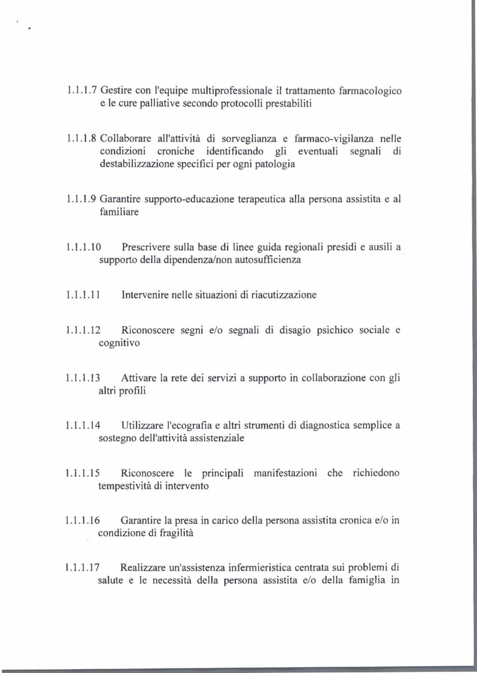 1.1.11 Intervenire nelle situazioni di riacutizzazione 1.1.1.12 Riconoscere segni e/o segnali di disagio psichico sociale e cognitivo 1.1.1.13 Attivare la rete dei servizi a supporto in collaborazione con gli altri profili 1.