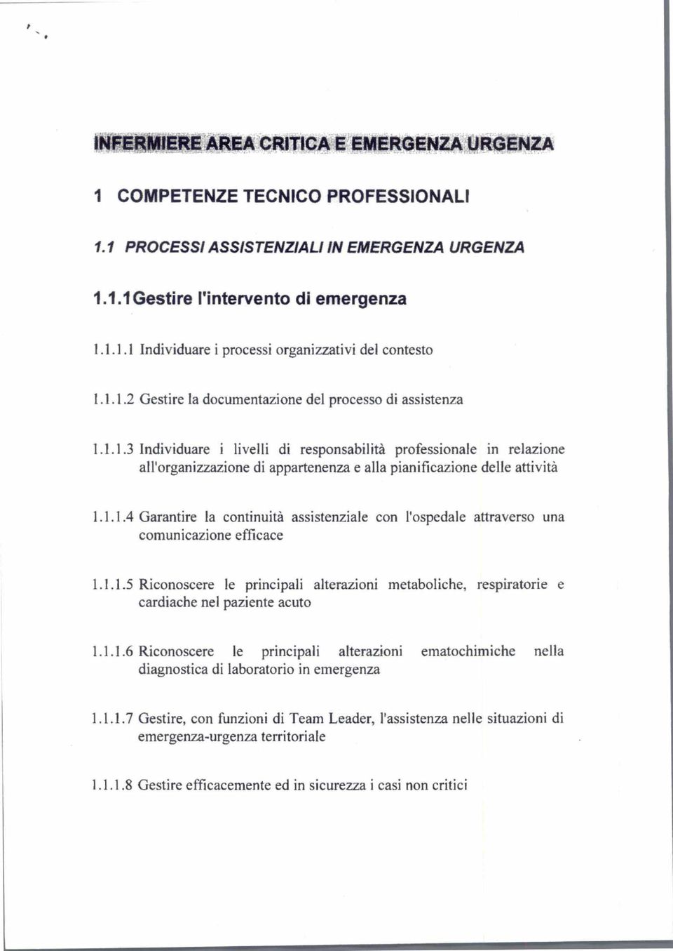 1.1.4 Garantire la continuità assistenziale con l'ospedale attraverso una comunicazione efficace 1.1.1.5 Riconoscere le principali alterazioni metaboliche, respiratorie e cardiache nel paziente acuto 1.