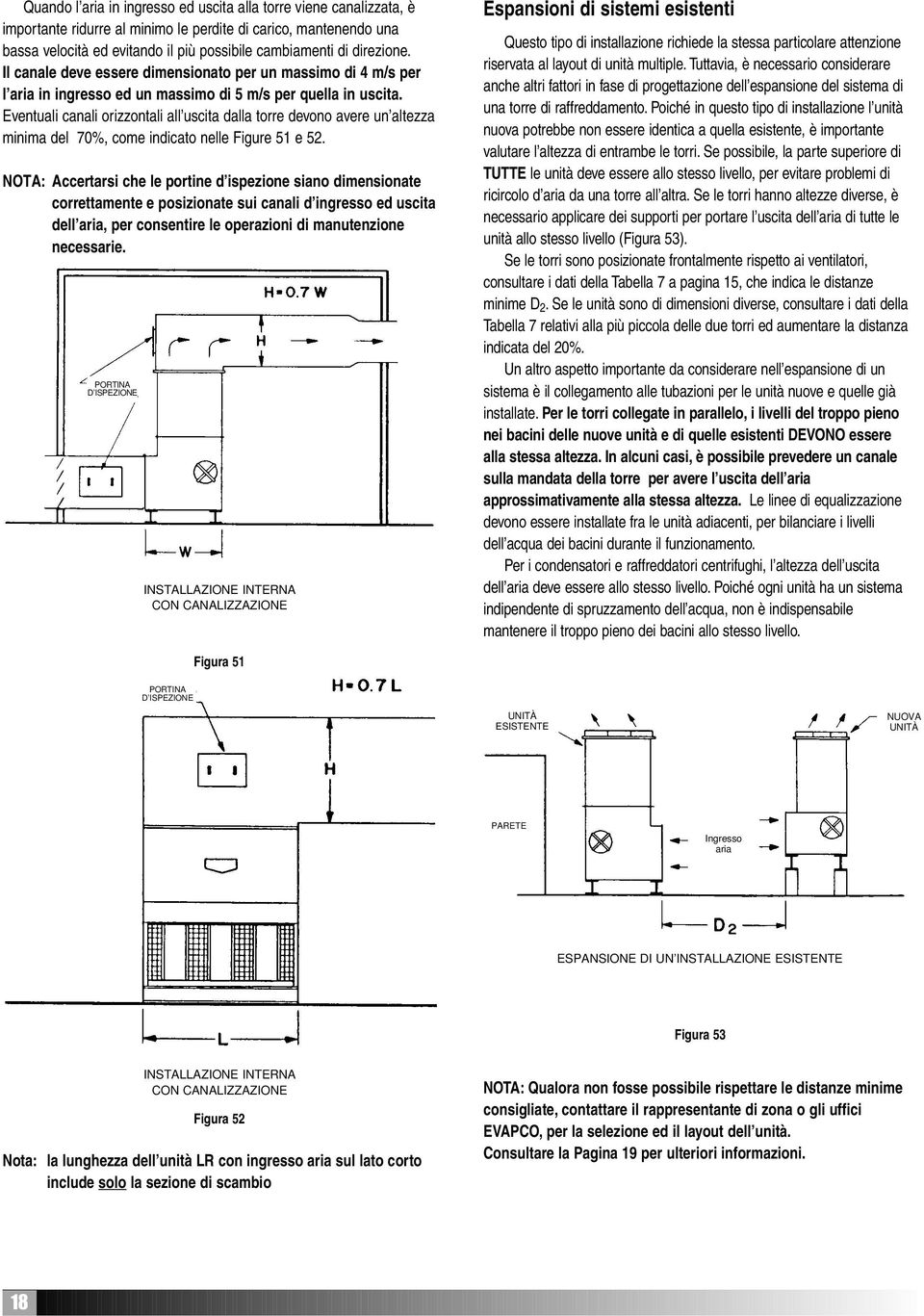 Eventuali canali orizzontali all uscita dalla torre devono avere un altezza minima del 70%, come indicato nelle Figure 51 e 52.