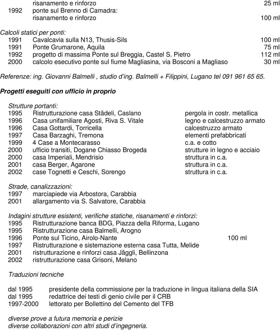 Balmelli + Filippini, Lugano tel 091 961 65 65. Progetti eseguiti con ufficio in proprio Strutture portanti: 1995 Ristrutturazione casa Städeli, Caslano pergola in costr.