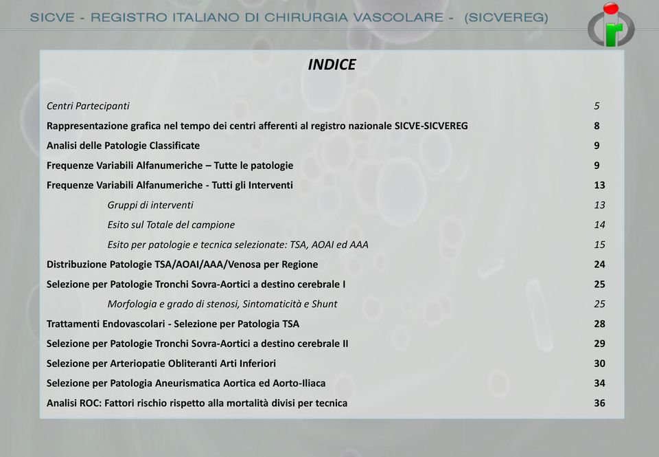 15 Distribuzione Patologie TSA/AOAI/AAA/Venosa per Regione 24 Selezione per Patologie Tronchi Sovra-Aortici a destino cerebrale I 25 Morfologia e grado di stenosi, Sintomaticità e Shunt 25