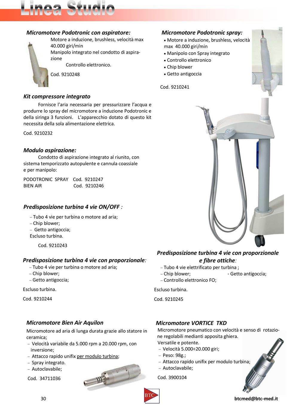 L apparecchio dotato di questo kit necessita della sola alimentazione elettrica. Cod. 9210232 Cod. 9210248 Micromotore Podotronic spray: Motore a induzione, brushless, velocità max 40.