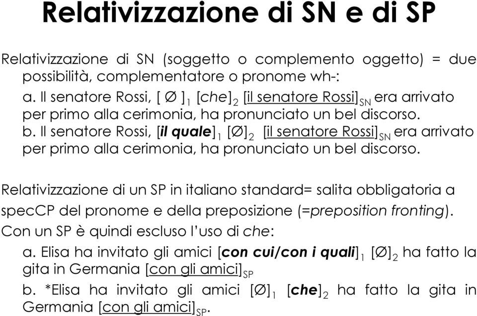 l discorso. b. Il senatore Rossi, [il quale] 1 [Ø] 2 [il senatore Rossi] SN era arrivato per primo alla cerimonia, ha pronunciato un bel discorso.