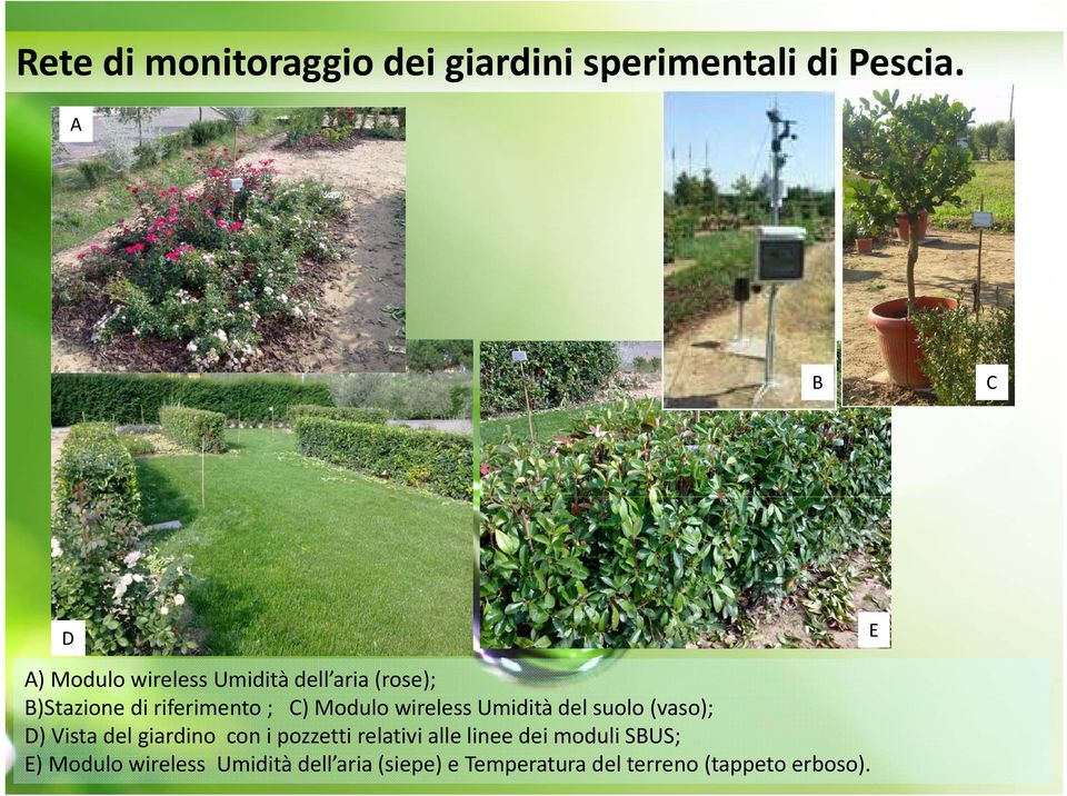 Modulo wireless Umidità del suolo (vaso); D) Vista del giardino con i pozzetti