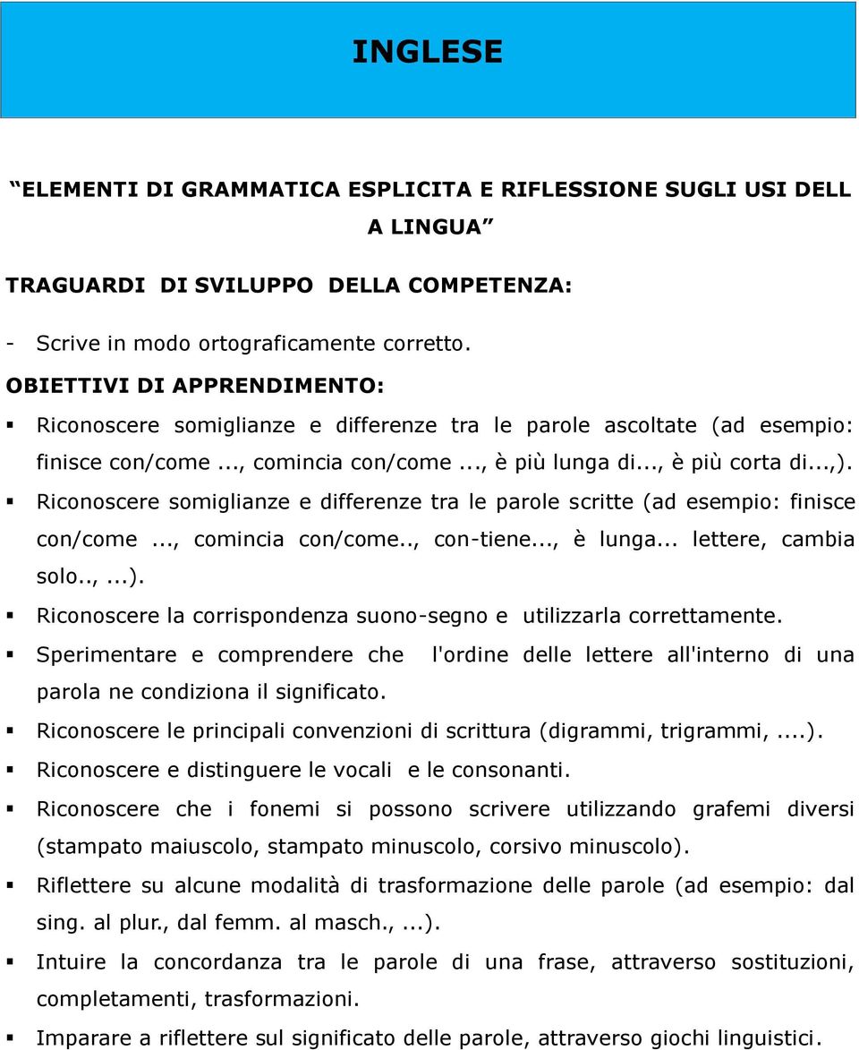 Riconoscere somiglianze e differenze tra le parole scritte (ad esempio: finisce con/come..., comincia con/come.., con-tiene..., è lunga... lettere, cambia solo..,...).