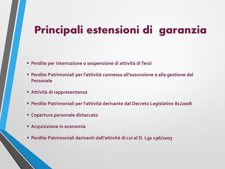 rappresentanza Perdite Patrimoniali per l attività derivante dal Decreto Legislativo 81/2008 Copertura